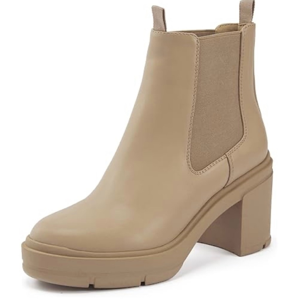 REDTOP Women's Chelsea Platform Round Toe Chunky Block Heel Boots Taupe 8.5